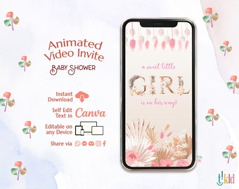 GIRL Boho Baby Shower Digital Invitation, Pink Pampas Grass Baby Shower Evite, Boho Floral Editable Video Invite Template, shower e-invite