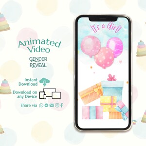It&#39;s a GIRL Digital Announcement, Balloon Gender Reveal Evite, Countdown Gender Reveal Video Social Media, Confetti Pop, Instant download