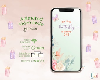 Butterfly GIRL Birthday Digital Invitation, Whimsical Butterfly Floral Garden Birthday Evite, Pastel Butterfly Kisses Editable Video e-invit