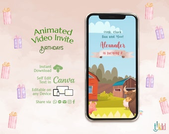 Farm Birthday Digital Invitation, Ranch Kids Birthday Evite, Barn Animals Party Editable Video Invite Template, Barnyard Animals e-invite