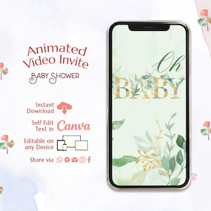 Oh Baby Greenery Baby Shower Invitation Digital, Electronic Baby Shower Evite, Editable Video Invite Template, Boho Baby Shower e-invite