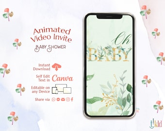 Oh Baby Greenery Baby Shower Invitation Digital, Electronic Baby Shower Evite, Editable Video Invite Template, Boho Baby Shower e-invite