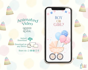 It's a Girl Digital Announcement, Stroller Gender Reveal Evite, Countdown Gender Reveal Video for Social Media, Balloons Baby Announcement