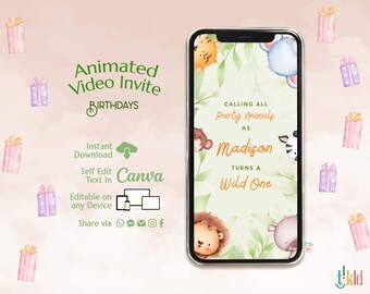 Jungle Safari Birthday Digital Invitation, Wild One Birthday Evite, Jungle Animal Party Editable Video Invite Template, Zoo Animals e-invite