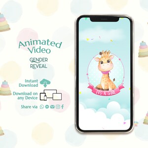 It&#39;s a Girl Digital Announcement, Giraffe Gender Reveal Evite, Countdown Gender Reveal Video Social Media, Confetti Pop, Baby Announcement