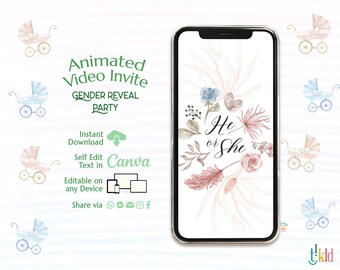 BOHO Gender Reveal Digital Invitation, Pampas Grass Gender Reveal Evite, Floral He or She Editable Template, Baby Boy Or Girl Party Invite