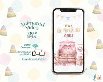 It's a GIRL Digital Announcement, Crib Gender Reveal Evite, Cradle Countdown Gender Reveal Video for Social Media, Nursery Baby Announcement
