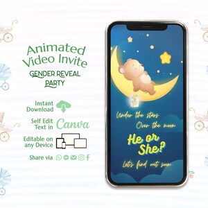 Digital Gender Reveal Invitation, Electronic Gender Reveal Evite, He or She Editable Template, Bear Stars Moon Baby Boy Or Girl Party Invite