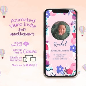 It’s a Girl Floral Birth Announcement Digital Video, Flower Newborn Baby Announcement Text Editable Template, Digital Pregnancy Announcement