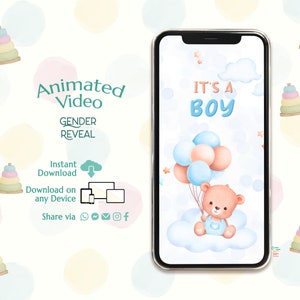 È un annuncio di gravidanza digitale per RAGAZZO, invito alla rivelazione del genere dell'orso, annuncio del bambino, video di rivelazione del genere dell'orsacchiotto, download istantaneo