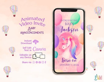 It’s a Girl Birth Announcement Digital Video, Unicorn Newborn Baby Announcement Text Editable Template, Digital Pregnancy Announcement