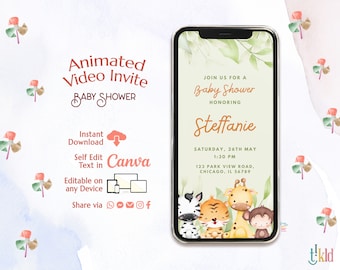 Safari Baby Shower Digital Invitation, Jungle Animals Baby Shower Evite, Greenery Safari Editable Video Invite Template, Wild One e-invite