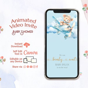 Digitale uitnodiging babyshower We Can Bearly Wait, teddybeer babyshower, beer met ballonnen bewerkbare video-uitnodigingssjabloon, e-uitnodiging