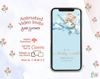 We Can Bearly Wait Baby Shower Digital Invitation, Teddy Bear Baby Shower Evite, Bear with Balloons Editable Video Invite Template, e-invite