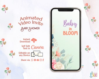 Digitales Baby in Bloom-Babyparty-Einladung, Wildblumen-Babyparty-Einladung, Blumen-bearbeitbare Video-Einladungsvorlage, Schmetterlingsdusche e-invite
