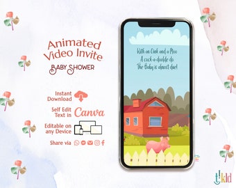 Farm Baby Shower Digital Invitation, Farm Animals Baby Shower Evite, Greenery Farm Editable Video Invite Template, Barn Animals e-invite