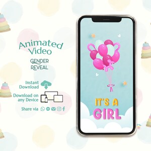 It&#39;s a Girl Digital Announcement, Balloon Gender Reveal Evite, Countdown Gender Reveal Video Social Media, Confetti Pop, Instant download