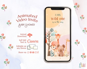 Safari Baby Shower Digital Invitation, Jungle Animals Baby Shower Evite, Greenery Safari Editable Video Invite Template, Wild One e-invite