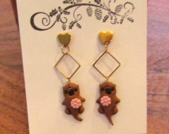 Otter Earrings, clay otters, clay earrings, flowers, dangles, heart, gold