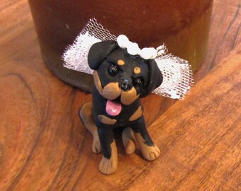 Rottweiler angel figurine, clay, handmade, pawsnclaws, OOAK