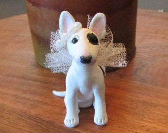 Bull Terrier angel dog figurine, hand sculpted, clay, pearl halo, bully dog