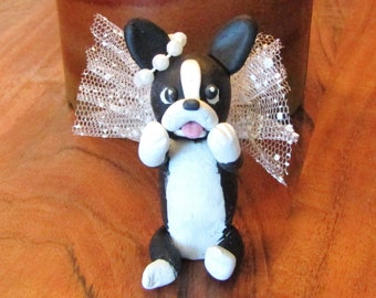 Boston Terrier Angel dog figurine, hand sculpted, clay, whimsical, pearl halo