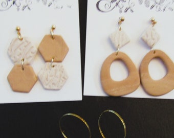 Handmade clay earrings, earthtone earrings, tans, beige, embossed, hoops, dangleN