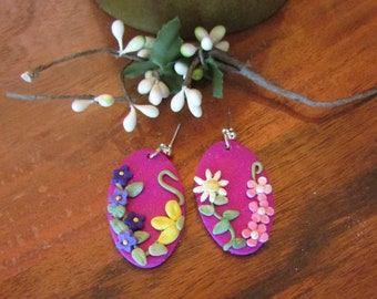 Fuchsia floral earrings, clay, handmade, spring, summer, mint green, navy, nickel free