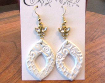 Summer white earrings, butterfly earrings, embossed, handmade, clay, dangle