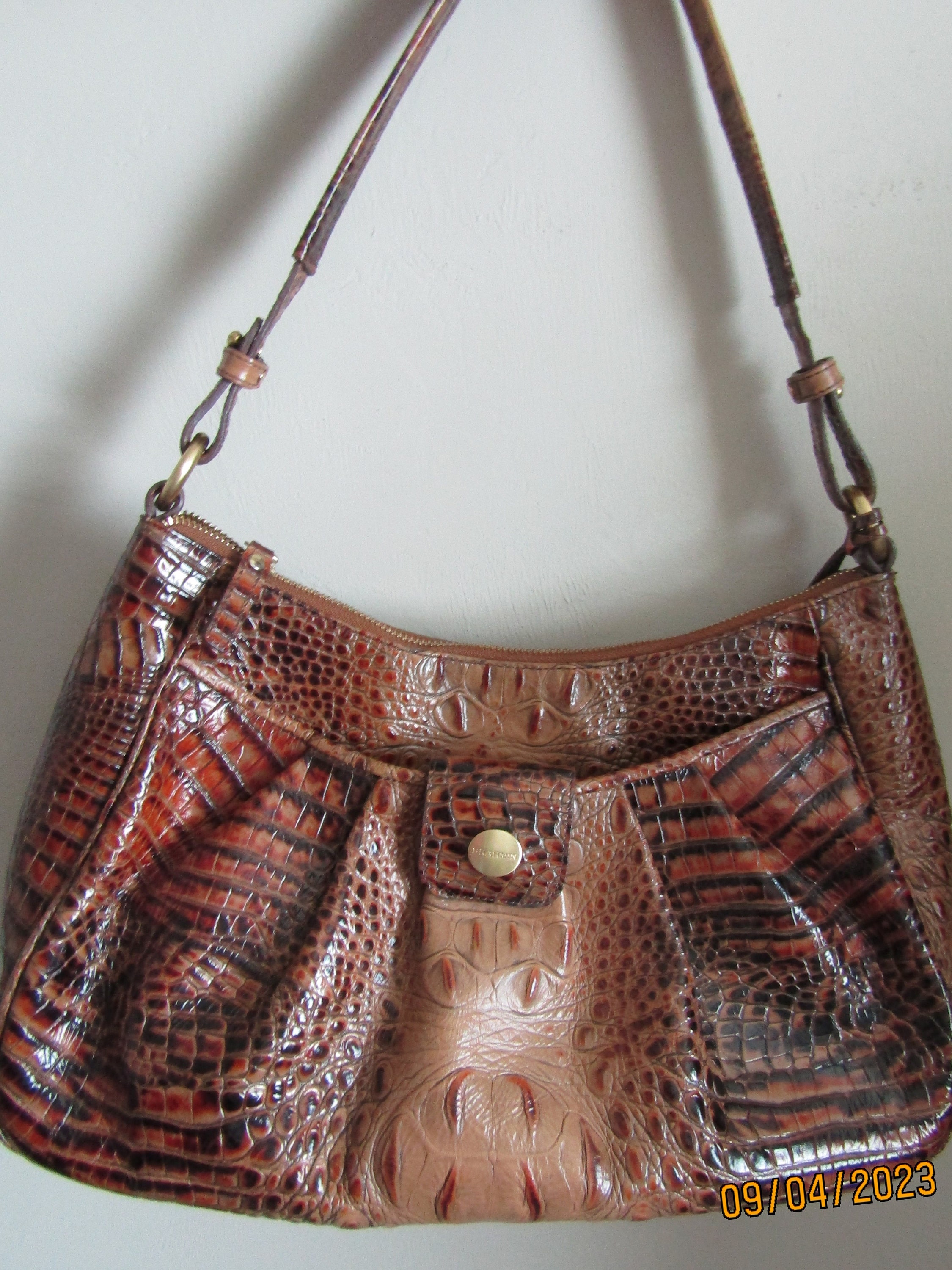 Vintage Brahmin Brown Woven Leather Beige Canvas Purse Shoulder Bag Basket  Weave