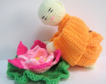 Amigurumi Crochet Pattern Monk Lotus Flower Crochet Pattern PDF Instant Download Little Monk with his favourite Lotus Flower