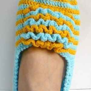 Slippers Crochet Pattern Adult Shoes Crochet Pattern PDF Instant Download Frilly Front Blue with Yellow Slippers