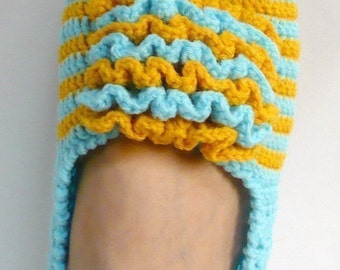 Slippers Crochet Pattern Adult Shoes Crochet Pattern PDF Instant Download Frilly Front Blue with Yellow Slippers