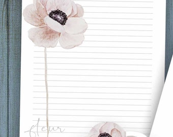 Floral Writing Paper and Envelope Set 8.5 x 11 - Printable Poppy Floral Stationery - Unlined and Lined Paper - Instant Digital Download