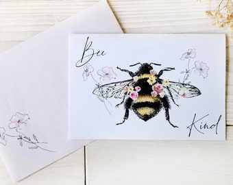 Bee Kind Digital Greeting Card - Instant Download Blank Card with Envelope - Printable Greeting Card - Ready to Print and Cut - Floral Bee