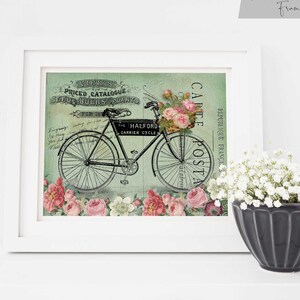 Bicycle with Flower Basket Printable Wall Art - Wall Decor - Instant Download - Cottage Wall Print - She Shed Decor - Vintage Illustration