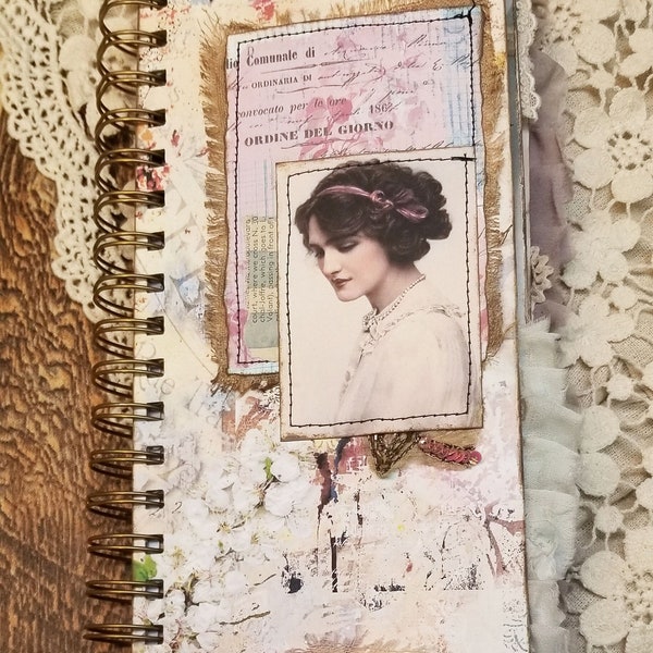 Tall Skinny Junk Journal Wire Bound - Floral and Feminine - Vintage Shabby and Romantic Style Handmade Journal