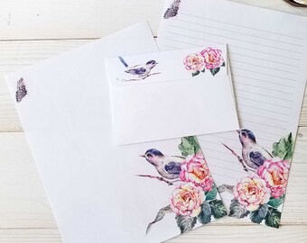 Watercolor Bird 8.5x11 Stationery Set Printable  Writing Paper with Envelope - Digital Unlined and Lined Note Paper - Instant Download