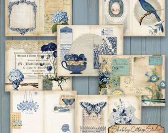 Könnte beinhalten: Ein digitales Papierpaket mit Cottagecore-Thema mit blauen und weißen Blumenmustern, Schmetterlingen, Vögeln und Vintage-Text. Die Papiere sind perfekt für Scrapbooking, Kartenherstellung und andere Bastelprojekte.