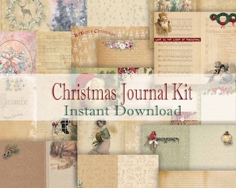 May include: A digital collage kit with a Christmas theme. The kit includes images of Christmas trees, ornaments, wreaths, and other festive decorations. The text "Christmas Journal Kit Instant Download" is displayed on the collage.