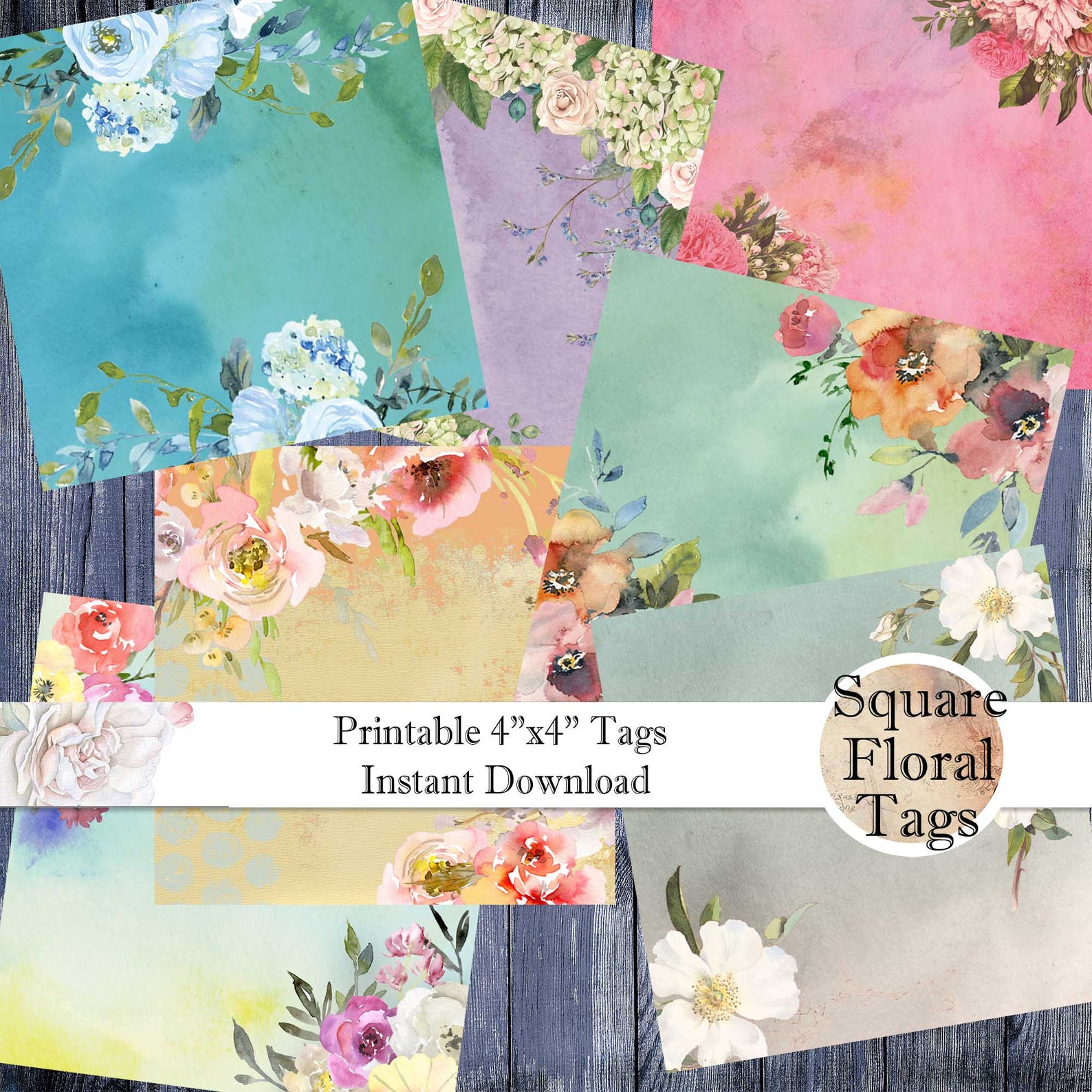 Floral Square Tags Instant Printable Download 4 X - Etsy