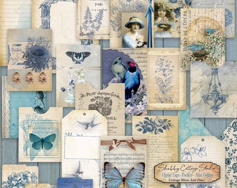 May include: A digital collage sheet with blue and white vintage style images, including birds, butterflies, flowers, and text. The sheet includes tags, pockets, and mini folders. The text on the sheet reads "Shabby Cottage Studio", "Digital Tags - Pockets - Mini Folders", "Cottage Blues Add Ons", "Hotel de l'Opera", "Au Petit Jardinier", "Nabjas wee", "Crate Rotilo", "Porte Bonheur", and "Del d'Elite".