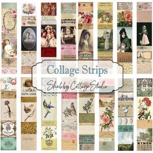 Könnte beinhalten: Ein Satz digitaler Collage-Streifen mit Vintage-Bildern, darunter Vögel, Blumen und Text. Die Streifen sind im Shabby-Chic-Stil gestaltet und perfekt für Scrapbooking, Kartenherstellung und andere Bastelprojekte.