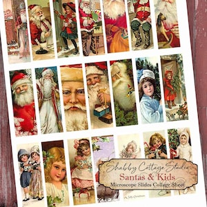 May include: A collage sheet of vintage microscope slides featuring images of Santa Claus and children. The images are in a variety of poses and settings, and they are all in a vintage style. The sheet is titled "Shabby Cottage Studio Santas & Kids Microscope Slides Collage Sheet".