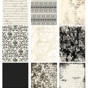 Digitale Journal Karten| Tags - Junk Journal Karten Hintergründe - Romantisch Schwarz und Creme - Druckbare Ephemera Basis zum Dekorieren - ATC Karten