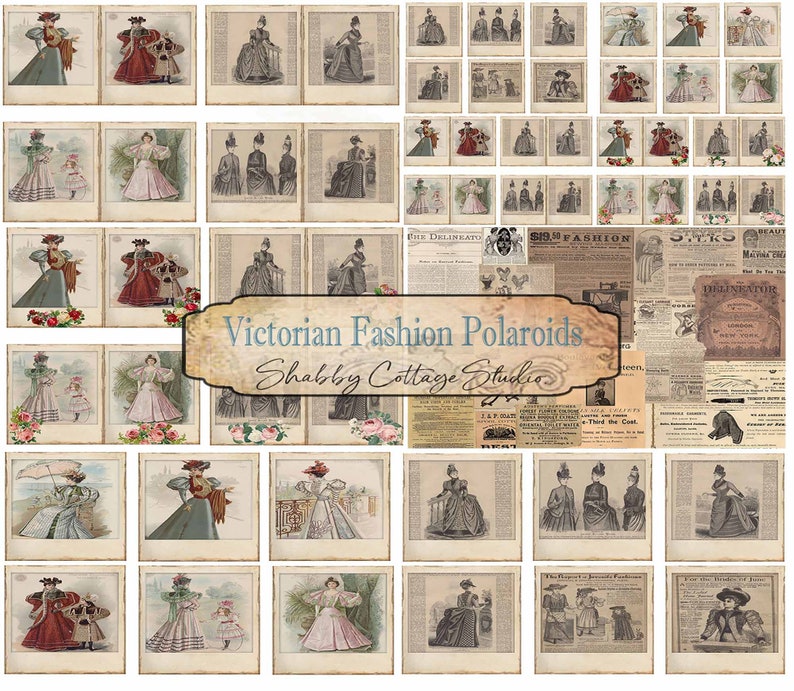 Victorian Fashion Digital Polaroid Set Vintage Illustrations Download Printable Junk Journal Ephemera image 1