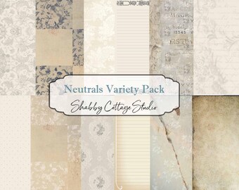 Puede incluir: Un paquete de papel digital con 10 papeles digitales de color neutro que presentan varios patrones, incluyendo florales, de lunares y rayados. El paquete se titula "Neutrals Variety Pack" y "Shabby Cottage Studio".
