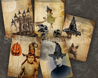 Folha de colagem digital de bruxaria - Download instantâneo - Etiquetas de Halloween para impressão - Fundos ATC ACEO - Arte alterada - Cartões comemorativos