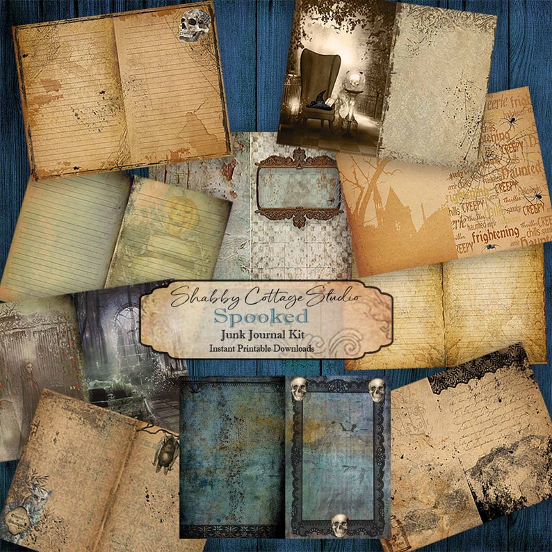 Pode incluir: Um kit de di&aacute;rio de sucata digital imprim&iacute;vel com um tema de Halloween assustador. O kit inclui p&aacute;ginas com v&aacute;rias texturas, padr&otilde;es e imagens, incluindo cr&acirc;nios, um chap&eacute;u de bruxa, uma casa assombrada e um cemit&eacute;rio. O texto "Shabby Cottage Studio Spooked Junk Journal Kit Instant Printable Downloads" est&aacute; inclu&iacute;do na imagem.