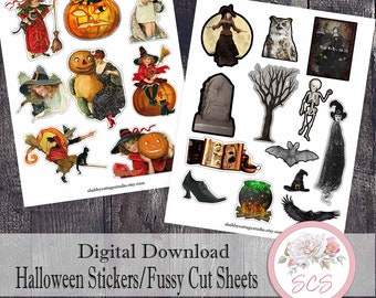 Witches and Pumpkins Digital Halloween Stickers or Fussy Cuts - Instant Printable Download - Junk Journal Stickers